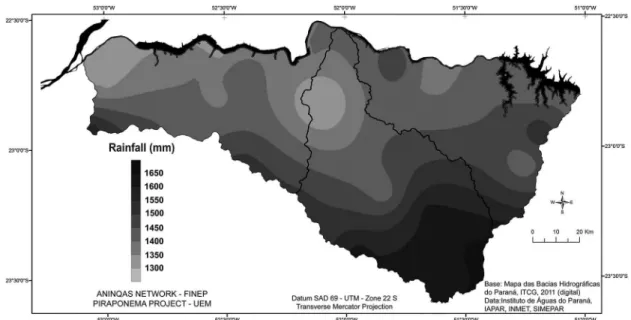 Figure 6.  Spatial distribution of average yearly rainfall in the Pirapó, Paranapanema 3 and Paranapanema 4 Hydrographic  Unit from 1976 to 2012.