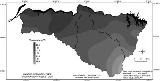 Figure 8.  Spatial distribution of mean temperature in the Pirapó, Paranapanema 3 and Paranapanema 4 Hydrographic Unit  from 1976 to 2012.