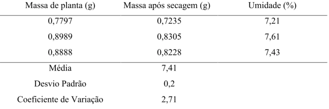 Tabela 9. Valores de massa das amostras para cálculo do teor de umidade das cipselas do  lote puro, 2013
