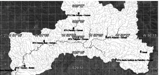 Figure 1. Sinos River basin and diagram of the main watercourses and geographic location of sampling sites (arrows).