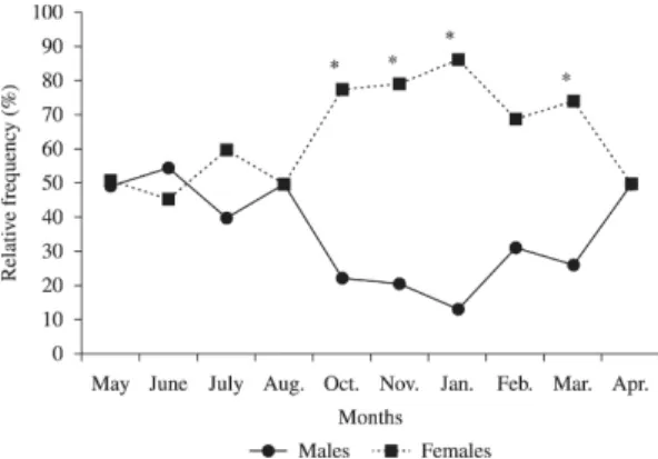 Figure 3. Monthly sex ratio of H. brasiliensis. * Significant  difference of the observed sex ratio from the expected 1:1