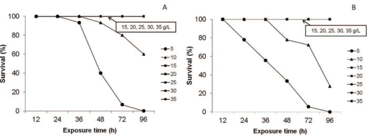 Figure 2.  Percentage survival of Mesodesma mactroides exposed to different salinities (g/L) at an ambient temperature of  25 °C
