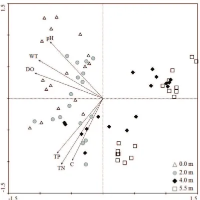 Figure 5. Principal components analysis (PCA) ordination diagram relating the physical and chemical variables with water  column depths: WT = water temperature; DO = dissolved oxygen concentration; C = water electrical conductivity; TP = total  phosphorus;
