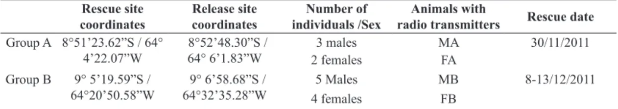 Table 1. Rescue and release sites geographical coordinates, number of individuals per sex, radio-tagged animals and rescue  dates