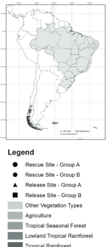 Figure 1. Study Area and Release sites. Circle and triangle represent, respectively group A rescue and release sites