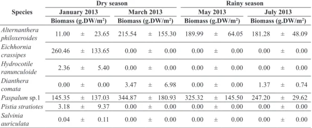 Table 3. Average biomass values of macrophytes, with their standard deviations, occurring in the sampling site 6 (urban area  of the Metropolitan Region of Recife, Pernambuco, Brazil), in the period between January and July 2013.