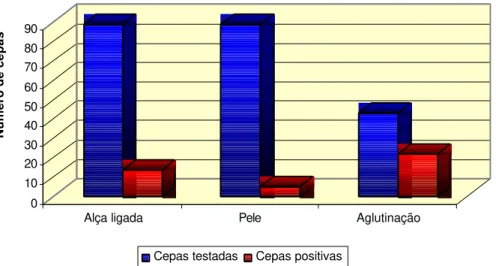 Figura 6. Número de cepas de  Bacillus cereus testadas e de positivas para a produção de  enterotoxinas detectadas pelas diferentes técnicas usadas (alça intestinal ligada de  coelho, aumento de permeabilidade vascular em pele de coelho e aglutinação passi