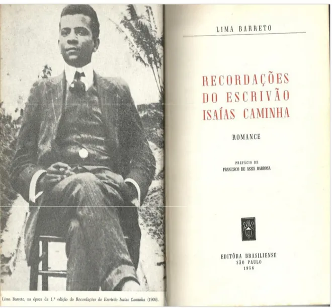 Figura  8:  página  de  rosto  de  Recordações  do  escrivão  Isaías  Caminha,  Editora  Brasiliense,  1956,  antecedida de retrato de Lima Barreto