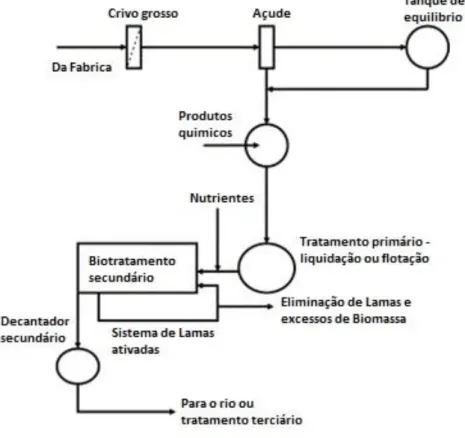 Fig. 2.2 - Diagrama esquemático do processo geral do tratamento de efluentes. [Thompson et al., (2001), Oliveira , (2009)] 