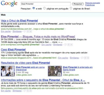 Figura 6 - Resultado da busca &#34;Eloá Pimentel&#34;, no site Google, em junho de 2009 .