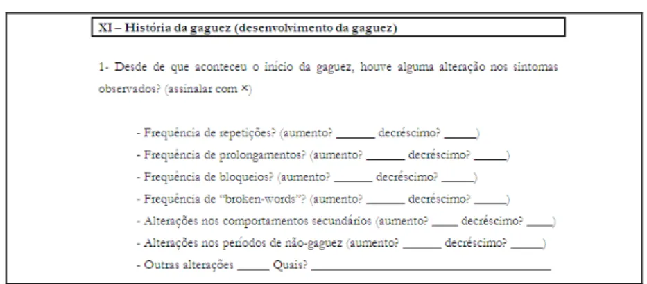 Figura 2 Excerto da folha de registo da proposta de Anamnese sobre o desenvolvimento da gaguez