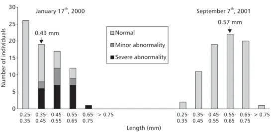 Fig. 11 — Frequency of malformations according to individual size in two samples taken from Apipucos Reservoir