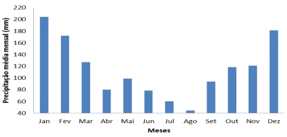 Figura  10.  Precipitação  média  mensal  na  sub-bacia  do  Boi  Branco  calculada  pelo  método dos polígonos de Thiessen