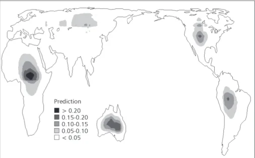 Fig. 4 — World map illustrating the prediction of diversity by the AC-WL2D null model.
