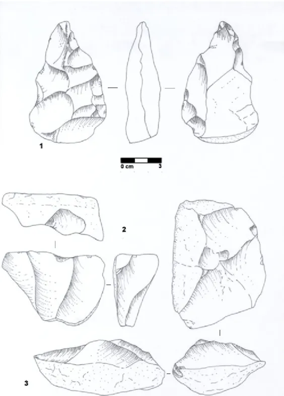 Figura   6.1.9-   Indústria   lítica   dos   Pegos   do   Tejo   2-:   1-   biface   em   rocha microcristalina; 2- núcleo acheulense; 3 – núcleo discóide