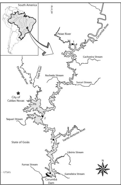 Fig. 1 — Map with location of UHE Corumbá’s Reservoir and the collection points (1, 2, 3, and 4).