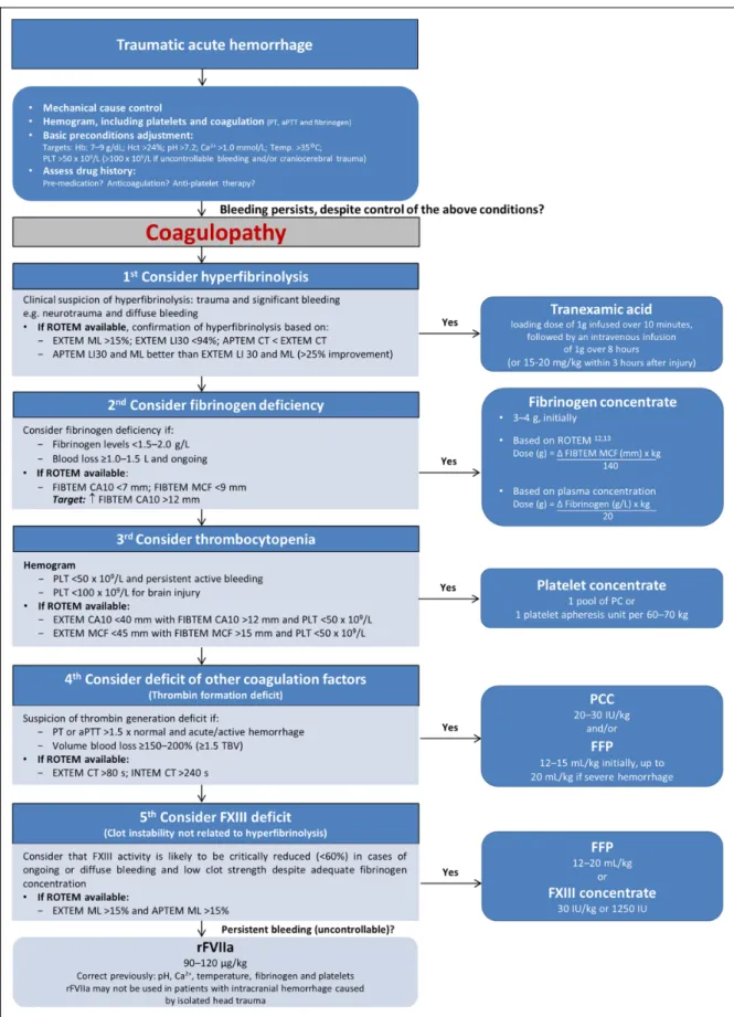 Figure 2. Proposed algorithm for the management of traumatic acute hemorrhage. aPTT indicates activated partial thromboplastin time; CA10, clot amplitude after 10 minutes; CFT, clot formation time; CT, clotting time; FFP, fresh frozen plasma; Hb, hemoglobi