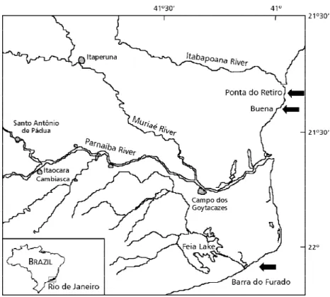 Fig. 1 — Northern coast of Rio de Janeiro State with the sampled sites (set points): Ponta do Retiro beach (21 o 29’S; 40 o 59’W), Buena beach (21 o 29’S; 41 o W), Barra do Furado beach (22 o S; 41 o W).