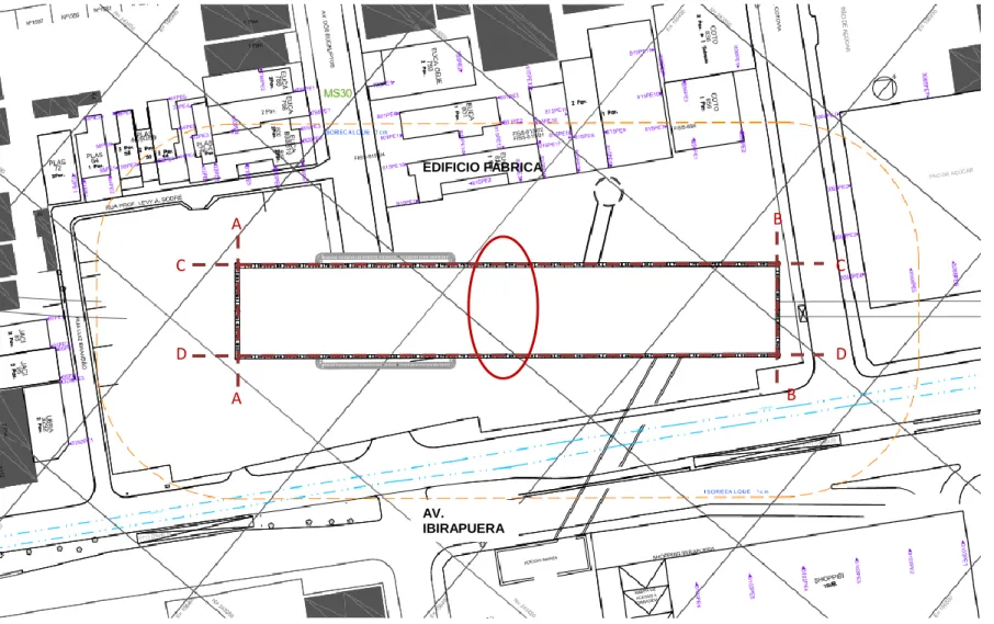 Figura 3.1:   Planta da escavação da Estação Eucaliptos, zona assinalada com elipse vermelha indica a zona alvo de estudo (SC06), s/ escala  (adaptado à peça desenhada cedida pela  Companhia de Metropolitano de São Paulo)