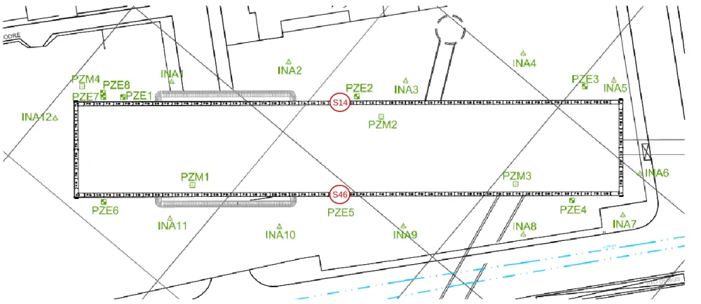 Figura 3.16: Localização dos instrumentos da piezometria na Estação Eucaliptos, s/escala (imagem cedida pela Companhia de Metropolitano de São Paulo)