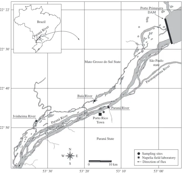 Figure 1. Map of the upper Paraná River floodplain and the locations where samplings were performed from 1987 to 2007.