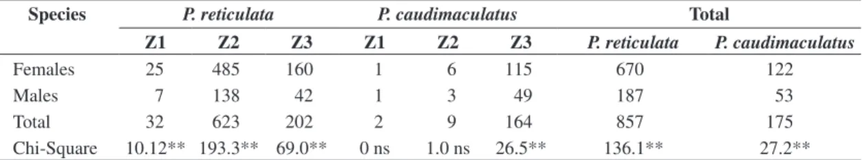 Table 1. Chi-square test for comparisons of species of Cyprinodontiformes sex ratio in three zones of the Paraíba do Sul  River, between November/1998 and October/1999.