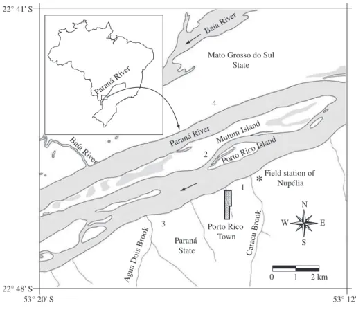 Figure 1. Area of captures with the respective selected sites in the Upper Paraná River floodplain: 1) Field Station, 2) Mutum  Island, 3) Araldo Forest and 4) Unida Farm.