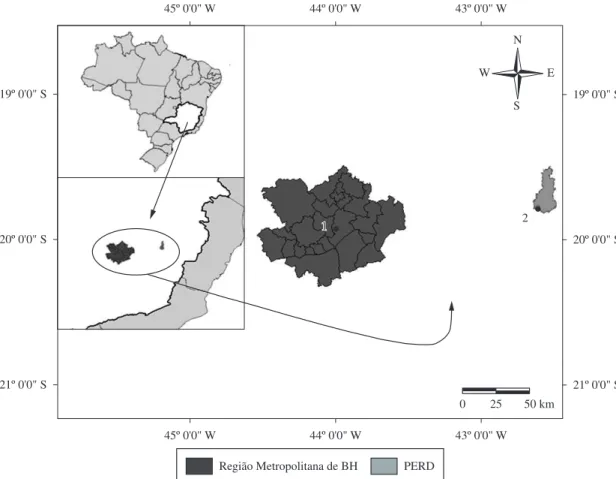 Figure 1. Study areas: 1) PUC-MG (around the city of Belo Horizonte-MG) (19°55’ S and 43°59’ W); and 2) PERD (State  Park of Rio Doce - PERD-MG) (19° 29’-19° 48’ S and 42° 28’-42° 38’ W).