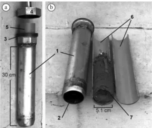 Figure 2.  Split soil corer made of galvanized iron. (a) Soil  corer showing PVC tube inside; (b) Soil corer and opened  PVC tube with the soil sample