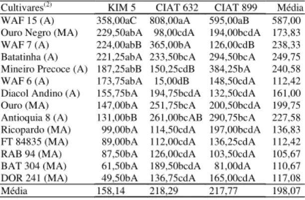 Tabela 3. Número médio dos nódulos em cultivares de feijão submetidas à inoculação das estirpes Rhizobium etli KIM 5, R