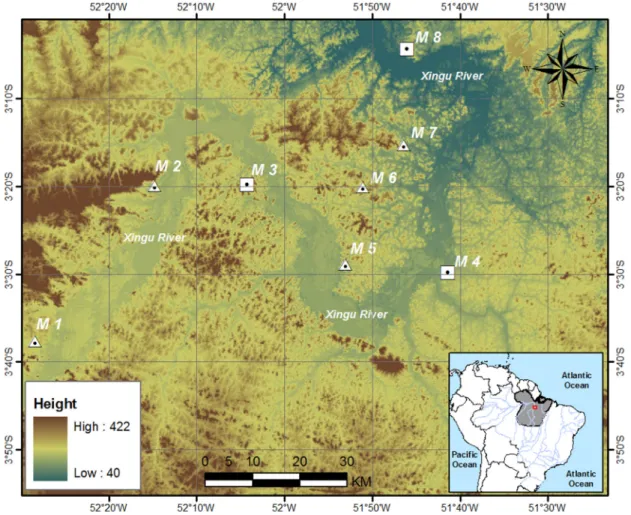 Figure 1.  Hypsometric map showing the location of the study site and the altitude variation (height), Volta Grande do Xingu 
