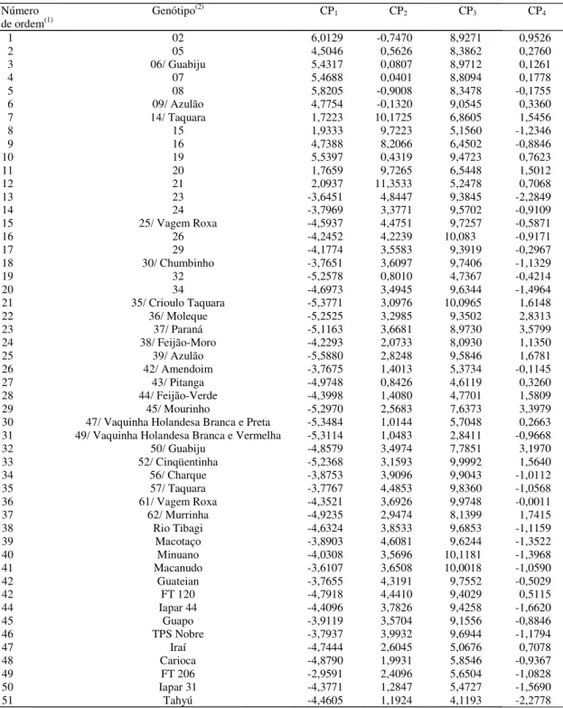 Tabela 5. Escores das cultivares de feijão (locais e melhoradas) em relação aos quatro componentes principais (CP).