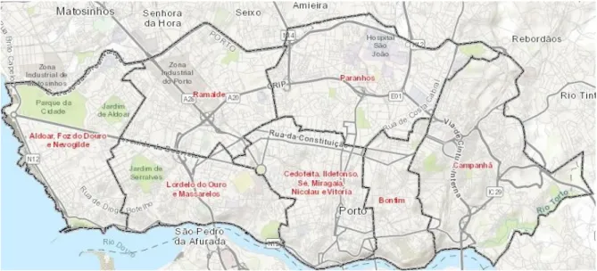 Figura 1: Divisões administrativas do município do Porto  Fonte: CMP, 2014 