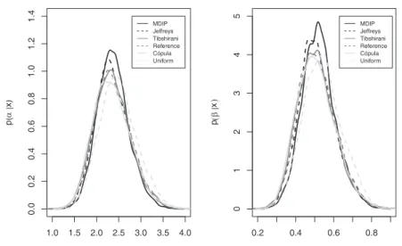 Figure 2 shows the marginal posterior densities for both parameters α and β. We can see that the MDIP prior leads to a posterior slightly more sharply peaked for both parameters, while the other priors are quite similar, agreeing with simulated data with s