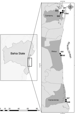 Table 1.  Information on sampling stations (coordinates, location and specific temperature and salinity data) and results  of prevalence (P) of Perkinsus beihaiensis in two species of oysters in Bahia, Brazil, for 240 samples collected between  October and