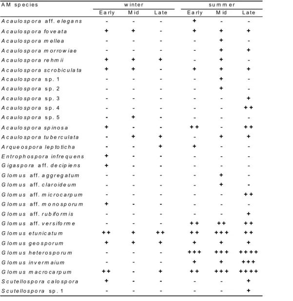 Table 2. Arbuscular mycorrhizal fungi species identification and spore occurrence in soil samples from an Atlantic Forest chronosequence.