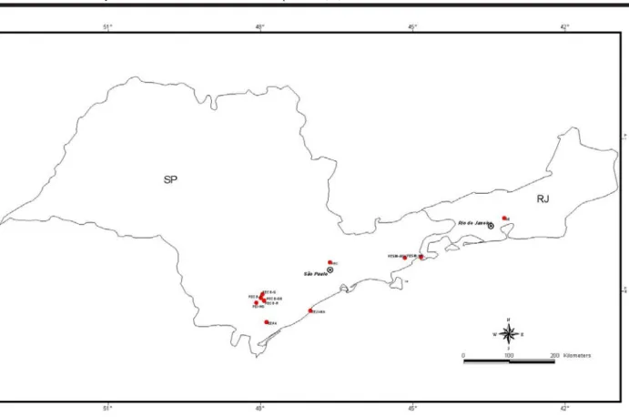 Figure 1: Map of São Paulo and Rio de Janeiro states with the locations of sampled populations of Cryptocarya moschata Nees.