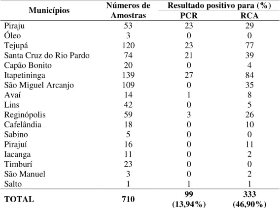 Tabela  1.  Porcentagem  de  detecção  de  begomovírus  utilizando  a  técnica  de  PCR  e  RCA  em  amostras  provenientes  de  plantas  de  pimentão  coletadas  em  diferentes  municípios  do  Estado  de  São  Paulo  durante  janeiro  de  2007  a  julho 