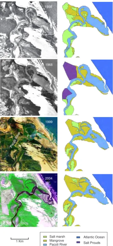 Figure 2. Original images and ArcGis 9.0 maps of land cover features along the  Pacoti River Estuary, Ceará State, NE Brazil in 1958, 1968, 1999 and 2004.