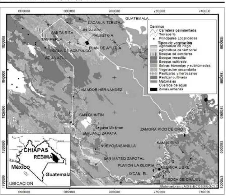 Figura 1- Ubicación geográfica de la Reserva de la Biosfera Montes Azules y áreas adyacentes, Chiapas, México