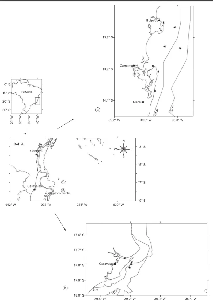 Figure 1. Map of the study area indicating the sampling stations with the occurrence of monstrilloids: a) inner continental shelf off Camamu; and b) estuarine  area of Caravelas Channel and adjacent coastal region.