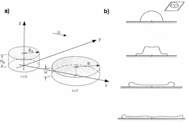 Figura 4.1 a) Representação esquemática de uma nuvem de uma libertação instantânea  num  modelo  de  caixa;  b)  Representação  esquemática  da  evolução  de  uma  nuvem  de  libertação instantânea