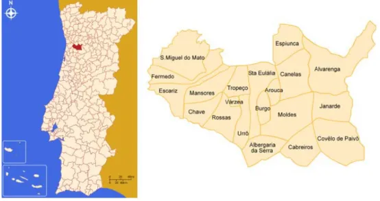 Figura 2-5 Mapas de localização do município de Arouca e respectivas freguesias. 