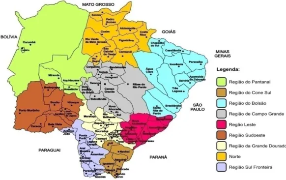 FIGURA 1 – Mapa da divisão das regiões e cidades Polos de Mato Grosso do  Sul 