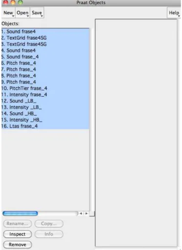 Figura 3. Janela de visualização dos dados gerados pelo script ExpressionEvaluator quando  aplicada ao software Praat