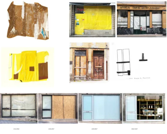 foto de fachadas na rua do Bonfim, 2017 e imagens da  alteração da fachada de um estabelecimento.