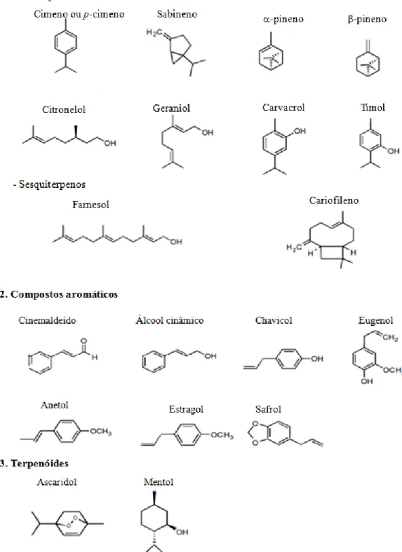 Figura 1 - Estrutura química de alguns componentes dos óleos essenciais (adaptado de Bakkali, et al., 2008) 