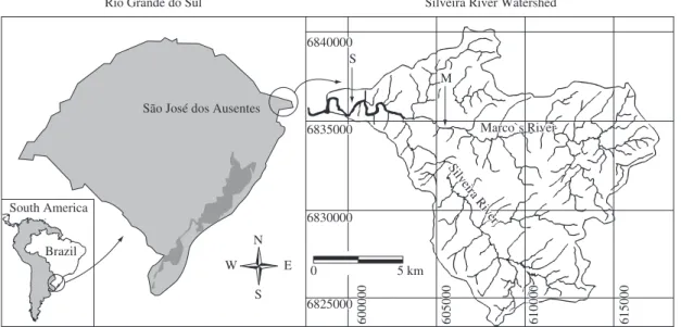Figure 1. Sites of location of the fish exclusion experiment are indicated by gray arrows, being S the site in Silveira stream  and M the site in Marco stream.