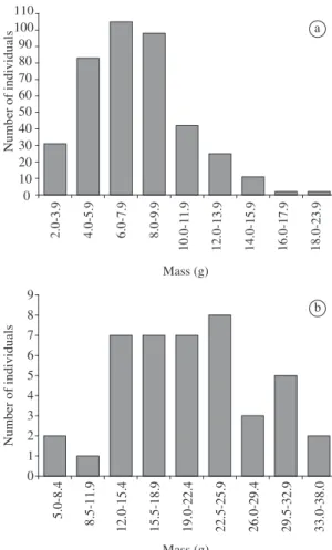 Figure  1.  Frequency  distribution  of  estimated  mass  of  a)  Calomys tener (n = 399) and b) Necromys lasiurus (n = 42)  consumed by the barn owl, Tyto alba, in Uberlândia, Minas  Gerais, Brazil.