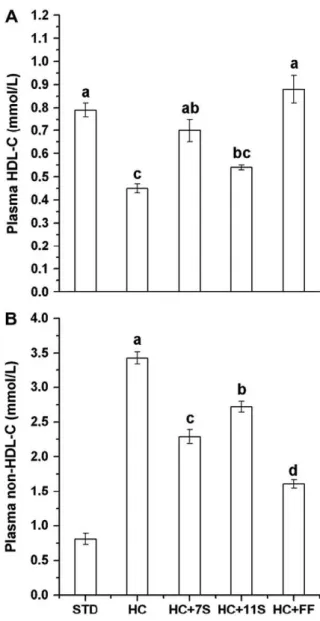 Fig. 2 – Plasma HDL-C (A) and non-HDL-C (B) levels of rats fed HC diet without and with oral daily doses of  b-conglycinin, glycinin or fenofibrate for 28 days